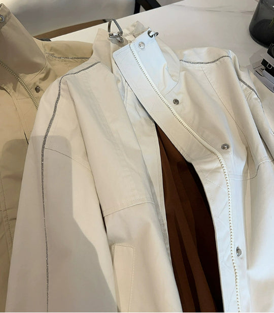 Damen Leichte Overshirt‑Jacke mit Stehkragen, Druckknopfverschluss & Kontrastnaht Nord Taschen