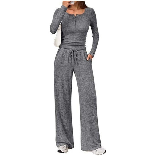 Damen Zweiteiliges Feinstrick-Lounge-Set mit Henley-Top und Palazzo-Hose Nord Taschen