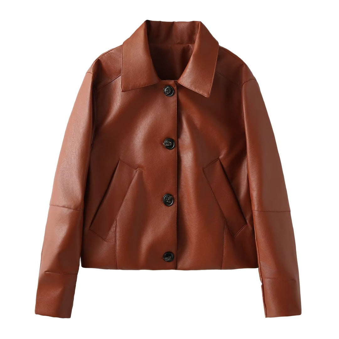 Damen Kurzjacke im Hemdstil aus veganer Glattleder-Optik mit markanten Schrägtaschen Nord Taschen