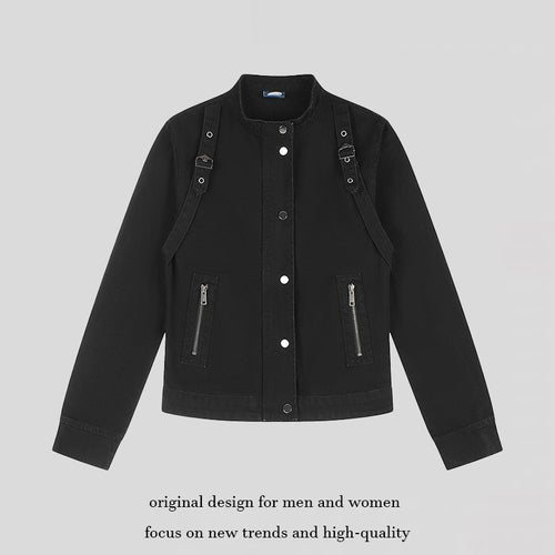 Damen Kurze Utility-Jacke mit Stehkragen, verstellbaren Schulterriemen und Druckknopfverschluss Nord Taschen