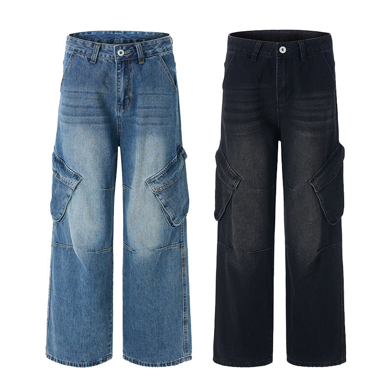 Damen Hochtaillierte Utility-Denim-Palazzohose mit Kniepaneelen und großen Klappentaschen Nord Taschen