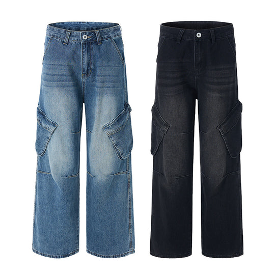 Damen Hochtaillierte Utility-Denim-Palazzohose mit Kniepaneelen und großen Klappentaschen Nord Taschen