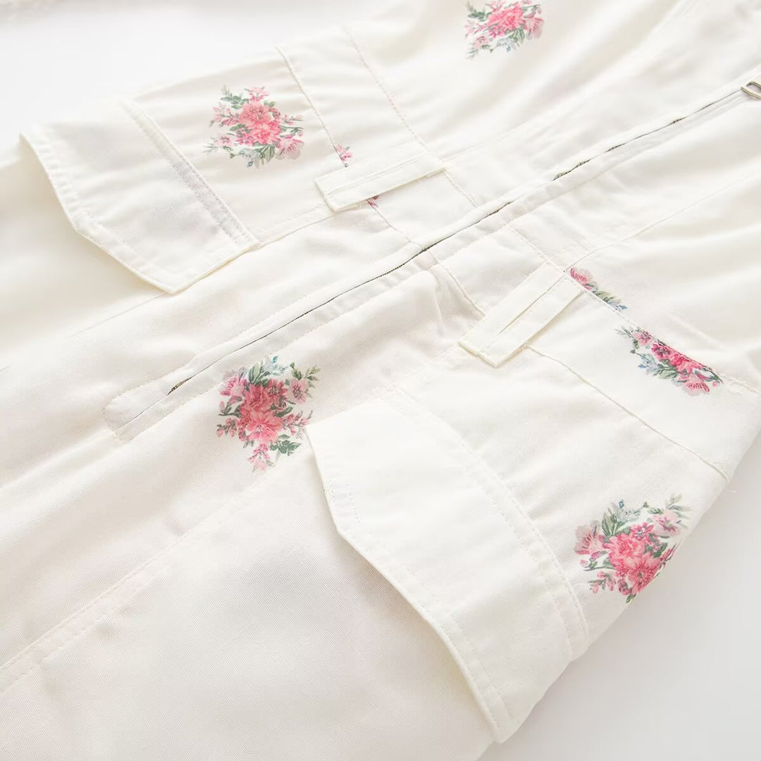 Damen Floraler Overall mit V‑Ausschnitt, Reißverschluss und Tunnelzugtaillierung Nord Taschen