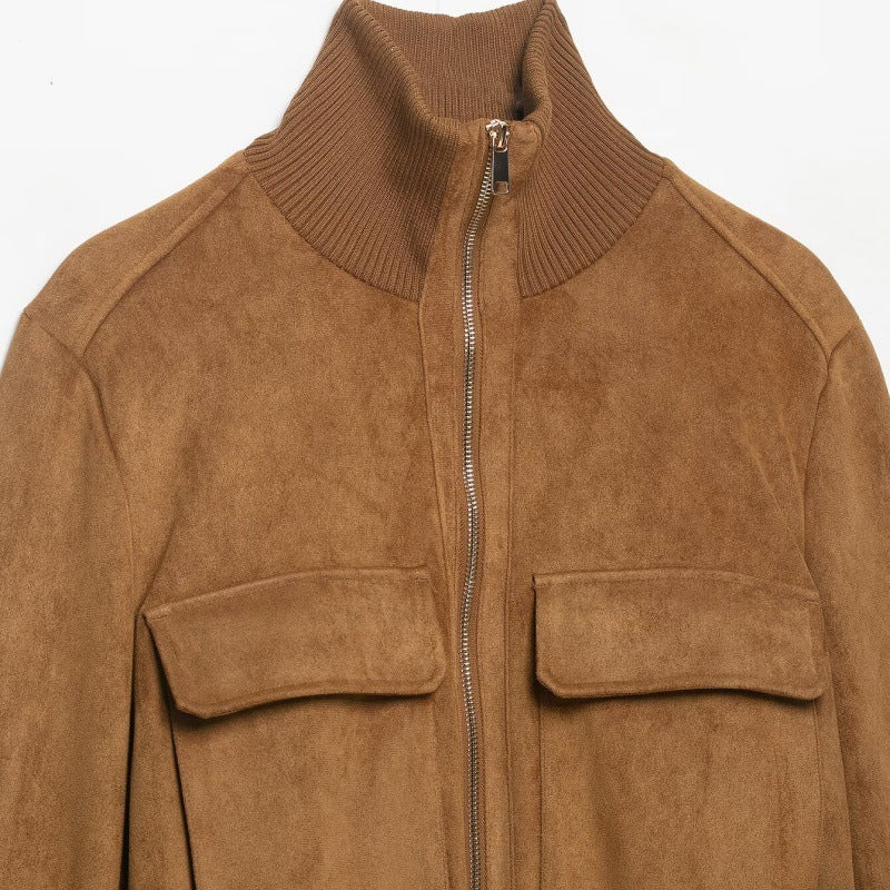 Damen Kurze Wildlederoptik-Bomberjacke mit Stehkragen, Klappentaschen und Rippbündchen Nord Taschen