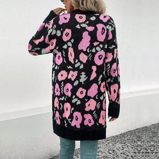 Damen Langer offener Strickcardigan mit Leo-Jacquardmuster und gerippten Säumen Nord Taschen
