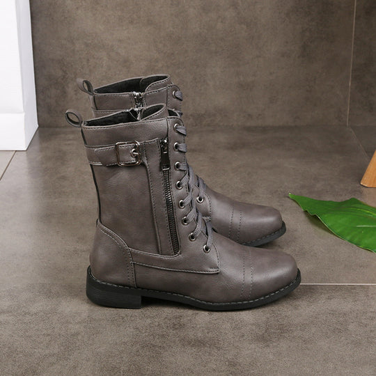 Damen Schnürstiefel mit seitlichem Reißverschluss und Zier-Riemen knöchelhoch Vintage-Bikerstiefel Nord Taschen