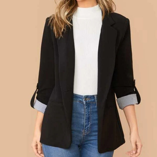 Damen schmal geschnittener Blazer mit Dreiviertelärmeln und umgeschlagenen Manschetten Nord Taschen