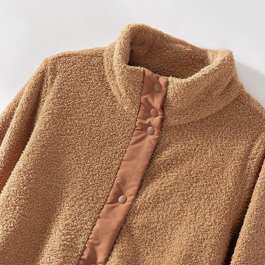 Damen kuschelige Teddy-Fleecejacke mit Stehkragen, Druckknopf-Leiste und kontrastierten Tascheneinfassungen Nord Taschen