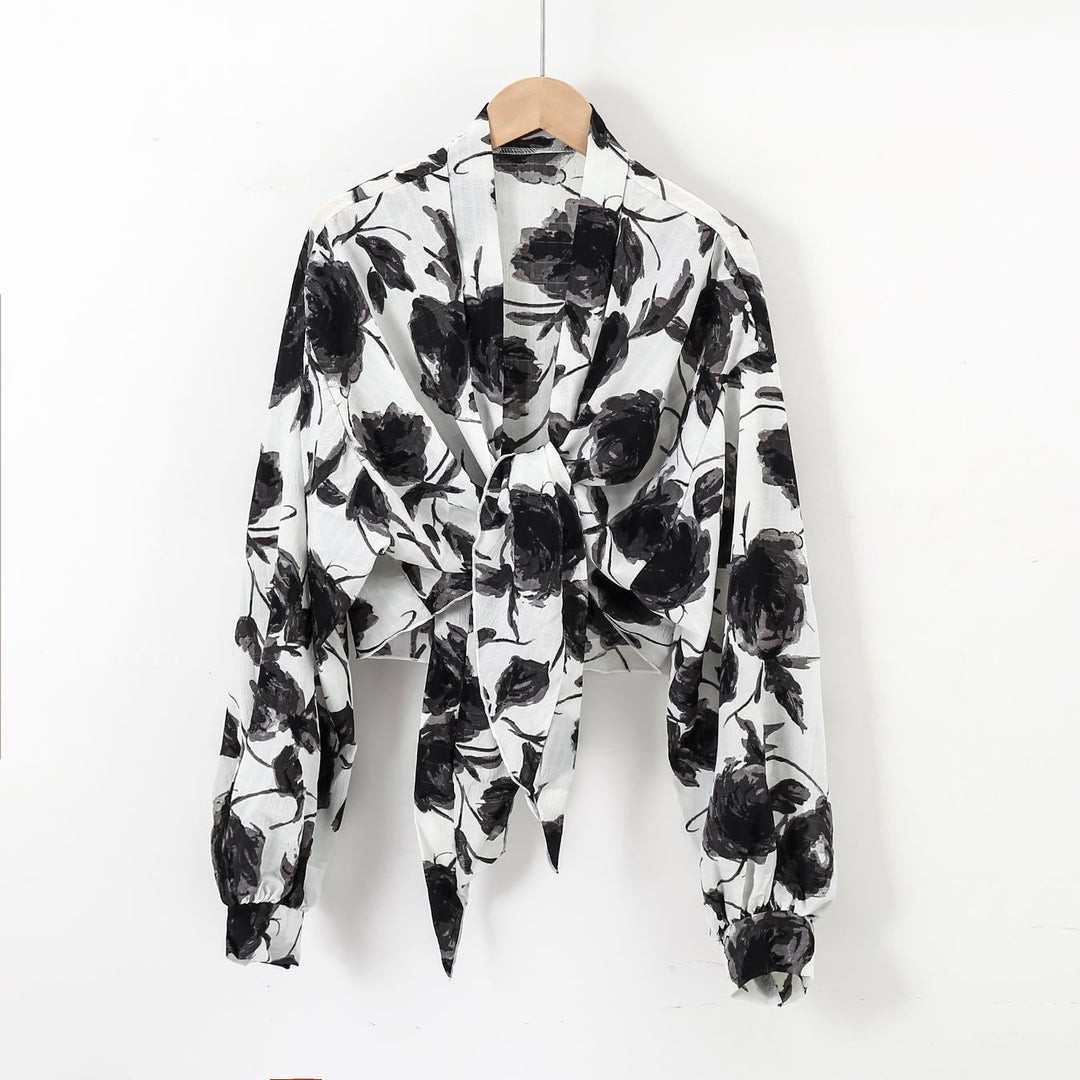 Damen nan florale Knoten-Bluse im Wickelstil mit Ballonärmeln und leichter Leinenoptik