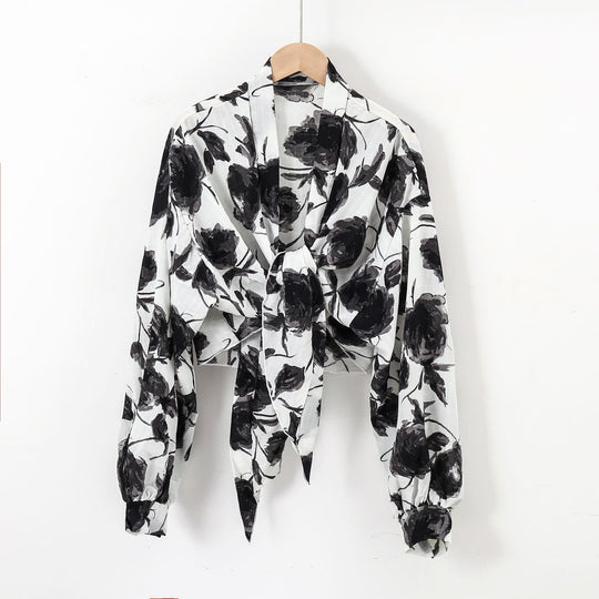 Damen nan florale Knoten-Bluse im Wickelstil mit Ballonärmeln und leichter Leinenoptik