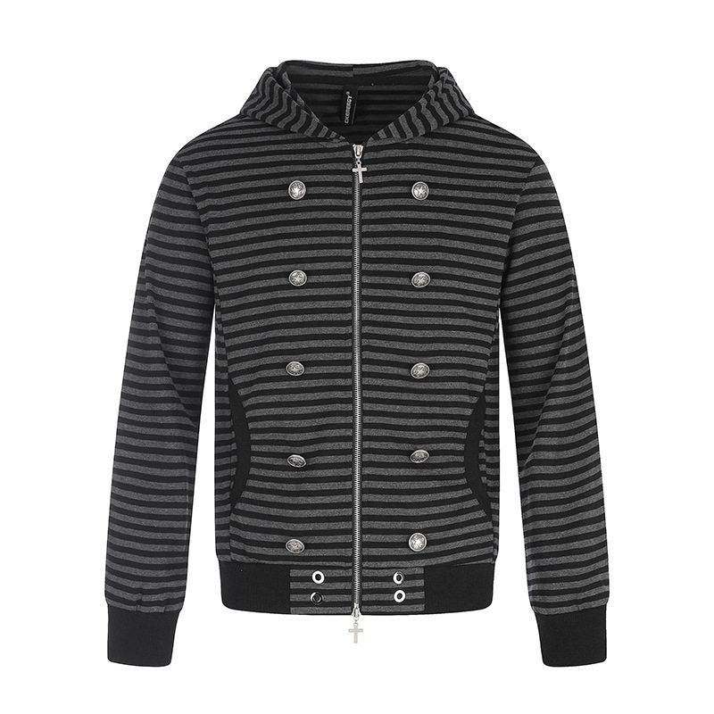 Damen Gestreifte Kapuzen‑Sweatjacke mit dekorativer Doppelreihe, Metall‑Zipper und Kapuze Nord Taschen