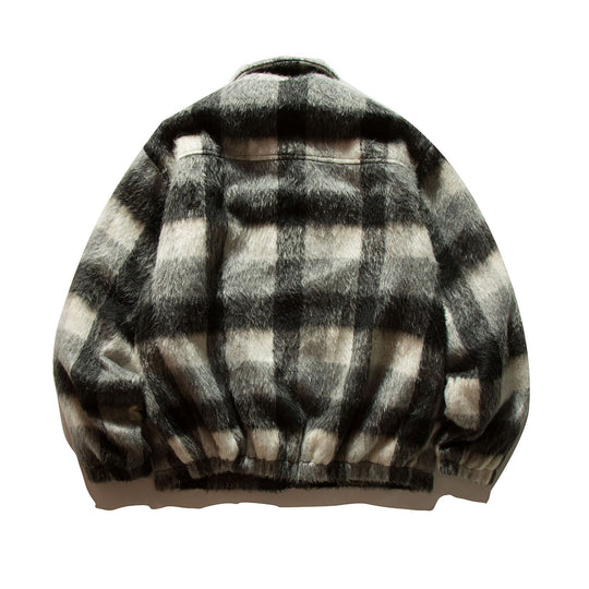 Unisex Kurz geschnittene karierte Fellimitat-Blousonjacke mit Stehkragen und verdecktem Reißverschluss Nord Taschen