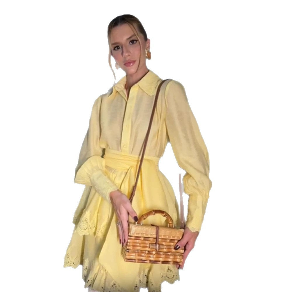 Damen Leichtes Hemdblusenkleid mit Broderie-Anglaise Saum und Wickelgürtel Nord Taschen