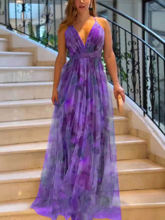 Damen Elegantes Maxikleid mit tiefem V-Ausschnitt und luftigen Stoffschichten