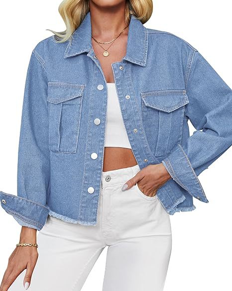 Damen Kurz geschnittene Oversize-Jeansjacke mit rohem Saum und aufgesetzten Brusttaschen Nord Taschen