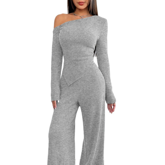 Damen Asymmetrisches Strick-Lounge-Set mit One-Shoulder-Oberteil und weitem Bein Nord Taschen