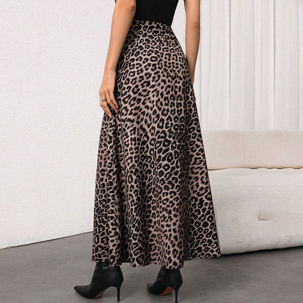 Damen Maxirock mit hohem Bund, ausgestellter A-Linie und markantem Leopardenprint Nord Taschen
