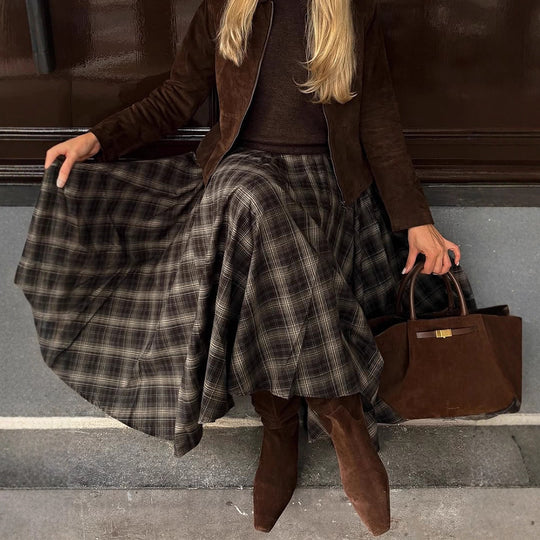 Damen Karierter Midirock mit weitem Tellerfalten‑Schnitt und hoher Taille Nord Taschen