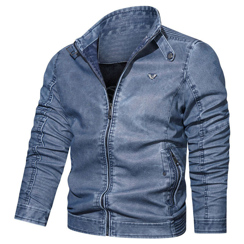 Herren Slim-Fit Jeansblouson im Pilotenstil mit Stehkragen, Ärmelraffungen und Reißverschlusstaschen Nord Taschen