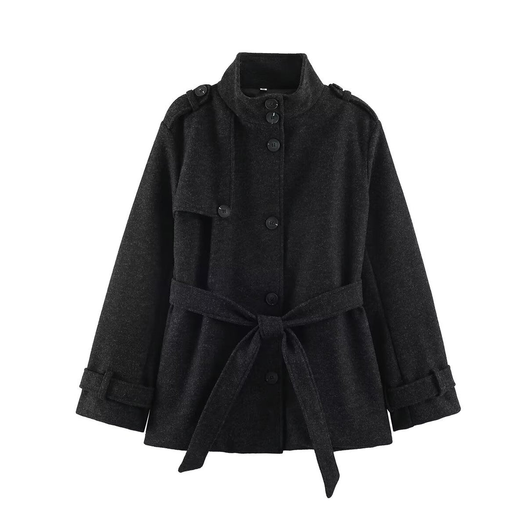 Damen Wolloptik‑Kurzmantel mit Bindegürtel, Stehkragen und Sturmblende Nord Taschen