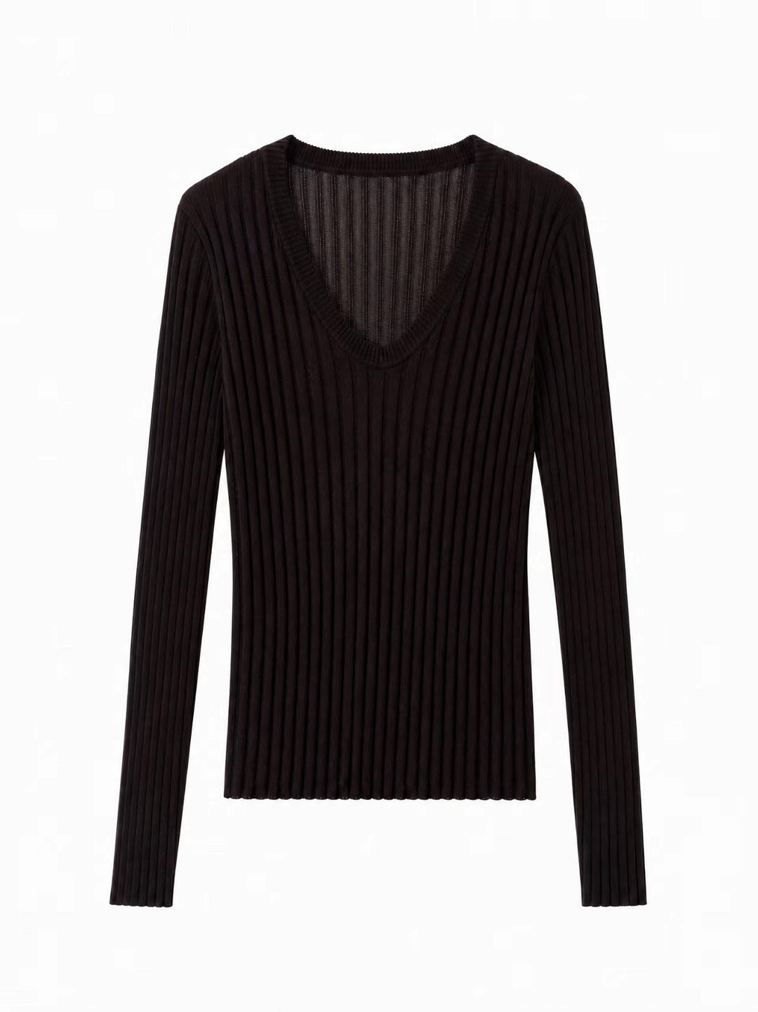 Damen Enges Feinstrick-Longsleeve mit tiefem V-Ausschnitt und breiter Rippenstruktur Nord Taschen