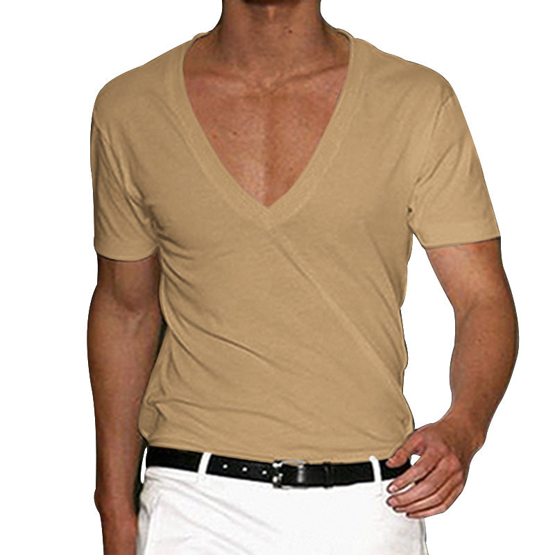Herren nan tief ausgeschnittenes V-Ausschnitt Kurzarmshirt aus Baumwollstretch mit tailliertem Schnitt