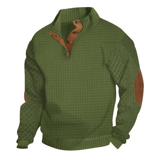 Herren Waffelstrick-Halbzip-Pullover mit Stehkragen Lederbesatz und Ellbogenpatches Nord Taschen
