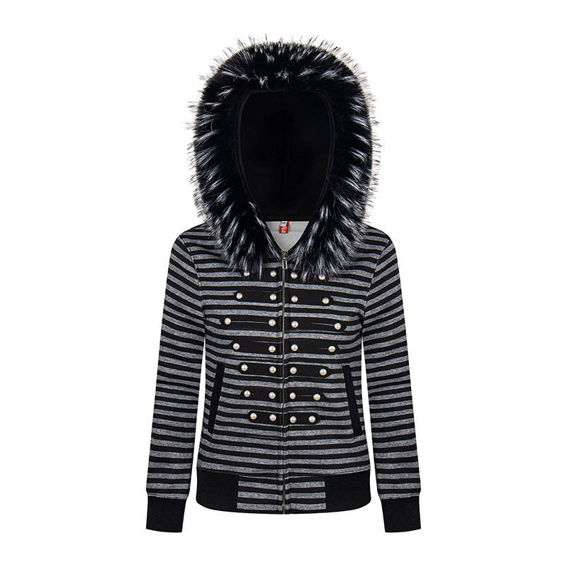 Damen Kapuzen‑Sweatjacke mit Kunstfellbesatz und militärischer Zierknopfreihe Nord Taschen