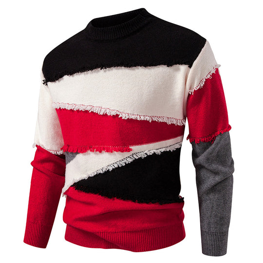 Herren Colorblock-Strickpullover mit Fransenbesatz und kurzem Stehkragen Nord Taschen