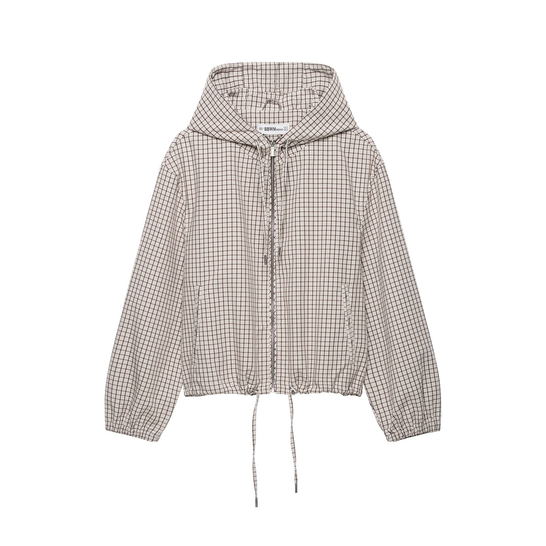 Damen Kariertes Cropped-Blouson mit Kapuze, Tunnelzug und Reißverschluss Nord Taschen