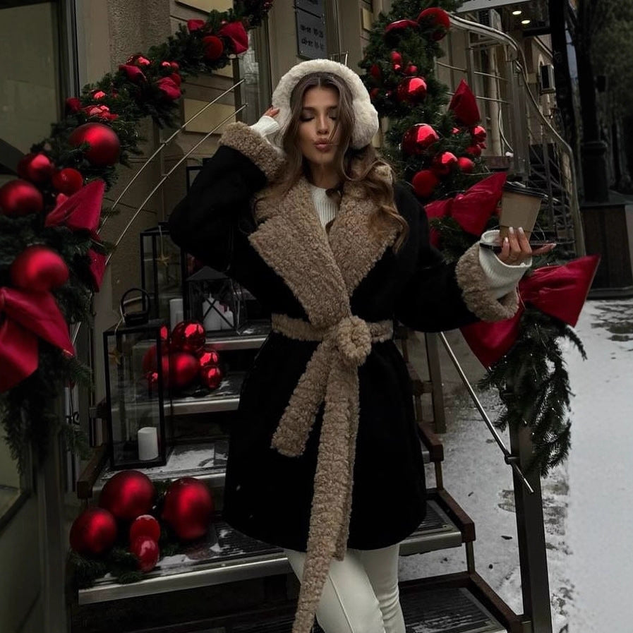 Damen Kurzer Oversized Wintermantel mit Teddy-Futter und Taillengürtel Nord Taschen