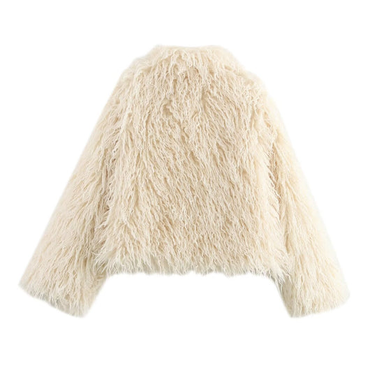 Damen Kurz geschnittene Shaggy-Faux-Fur-Jacke mit voluminösem Schalkragen Nord Taschen