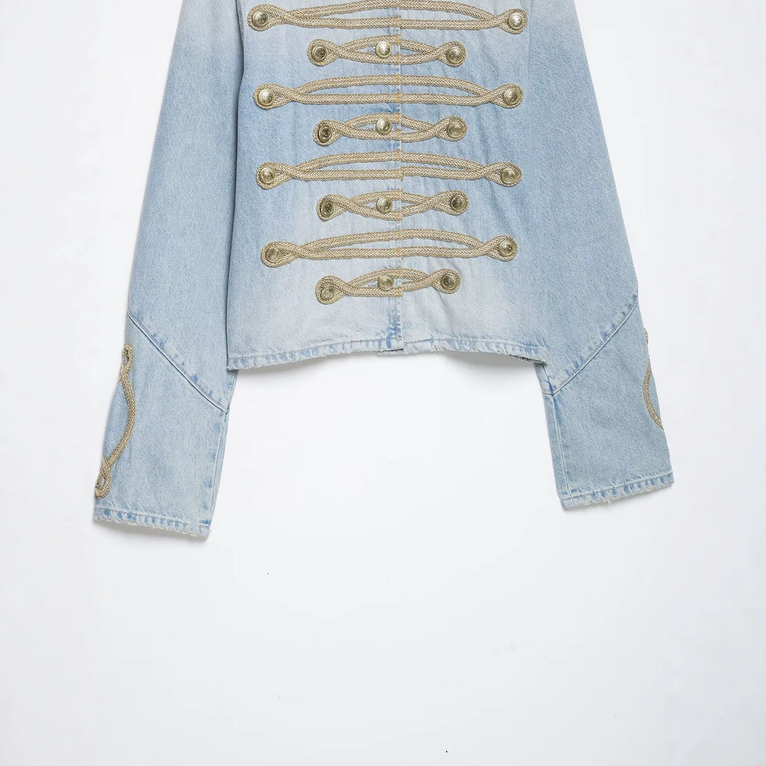 Damen kurze Jeansjacke im Militärstil mit Kordelapplikation und Mandarinkragen Nord Taschen