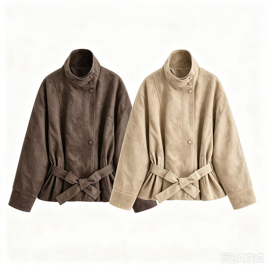 Damen Kurzjacke in Wildleder-Optik mit Stehkragen und Bindegürtel Nord Taschen