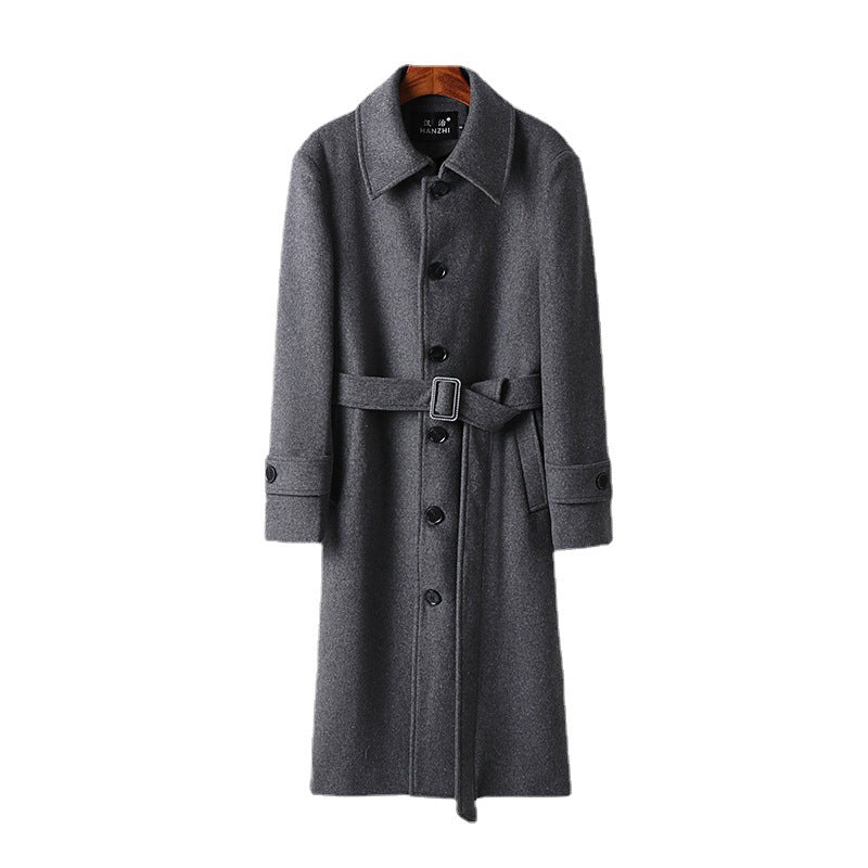 Herren taillierter Maxilanger Wollmix‑Mantel mit Bindegürtel und Kentkragen Nord Taschen