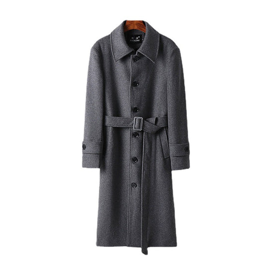 Herren taillierter Maxilanger Wollmix‑Mantel mit Bindegürtel und Kentkragen Nord Taschen