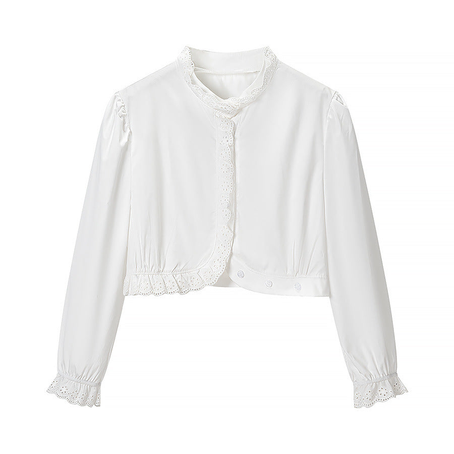 Damen Kurzbluse mit Broderie-Anglaise‑Besatz, Stehkragen und geraffter Taillenpartie Nord Taschen