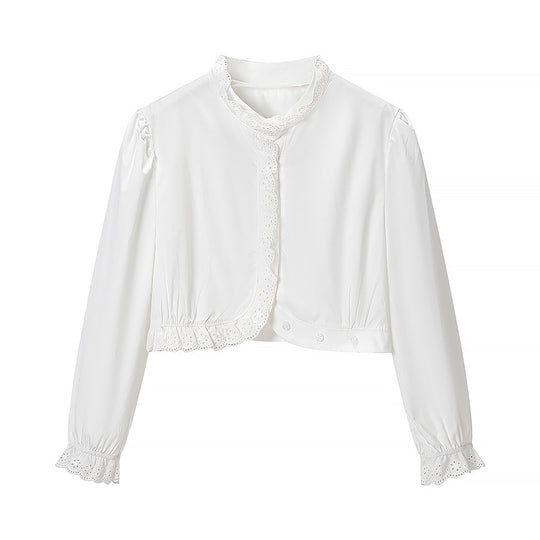 Damen Kurzbluse mit Broderie-Anglaise‑Besatz, Stehkragen und geraffter Taillenpartie Nord Taschen