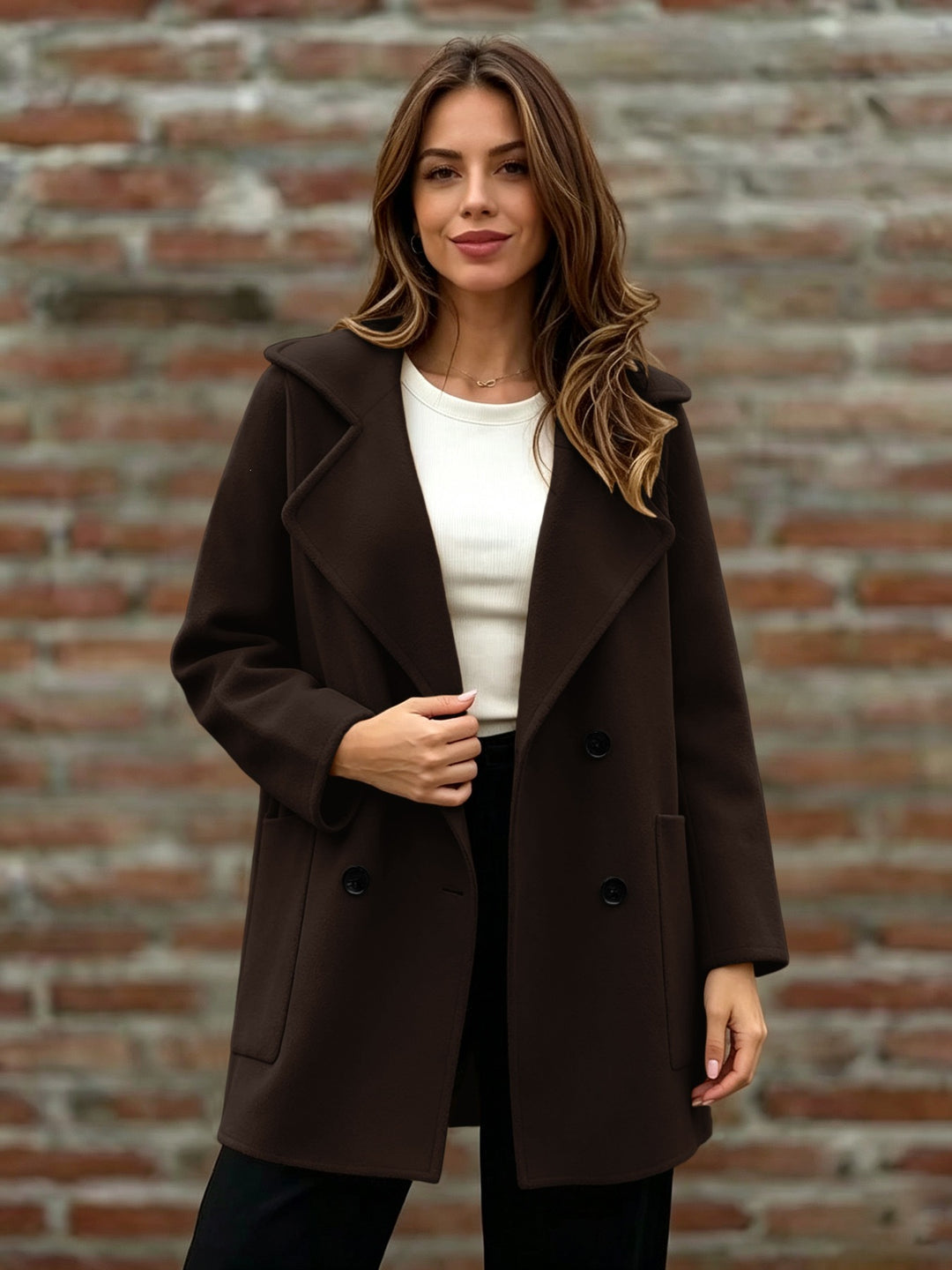 Damen Doppelreihiger Wollmantel mit Oversize-Revers Nord Taschen