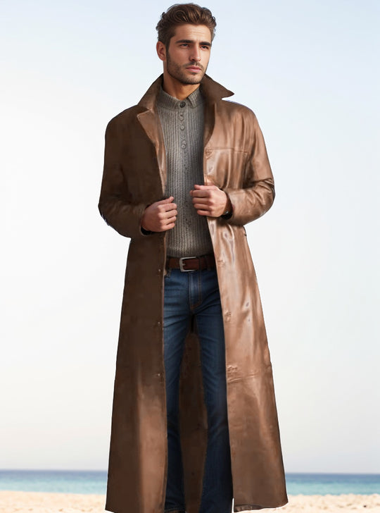 Herren Langer Ledermantel im Trench-Stil mit schmaler Silhouette und Stehkragen Nord Taschen