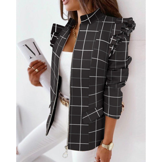 Damen Leoprint-Statement-Jacke mit Rüschen-Schulter und Reißverschluss Nord Taschen