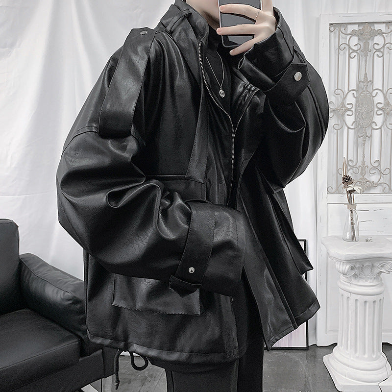 Herren Weitgeschnittene Kunstlederjacke mit Kapuze, Utility-Taschen und verstellbaren Manschetten Nord Taschen