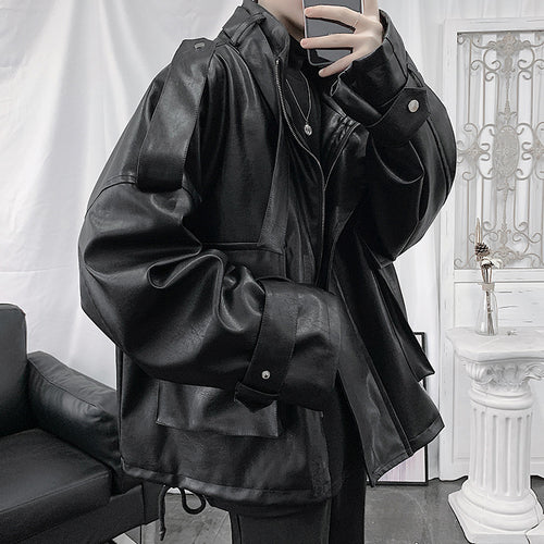 Herren Weitgeschnittene Kunstlederjacke mit Kapuze, Utility-Taschen und verstellbaren Manschetten Nord Taschen