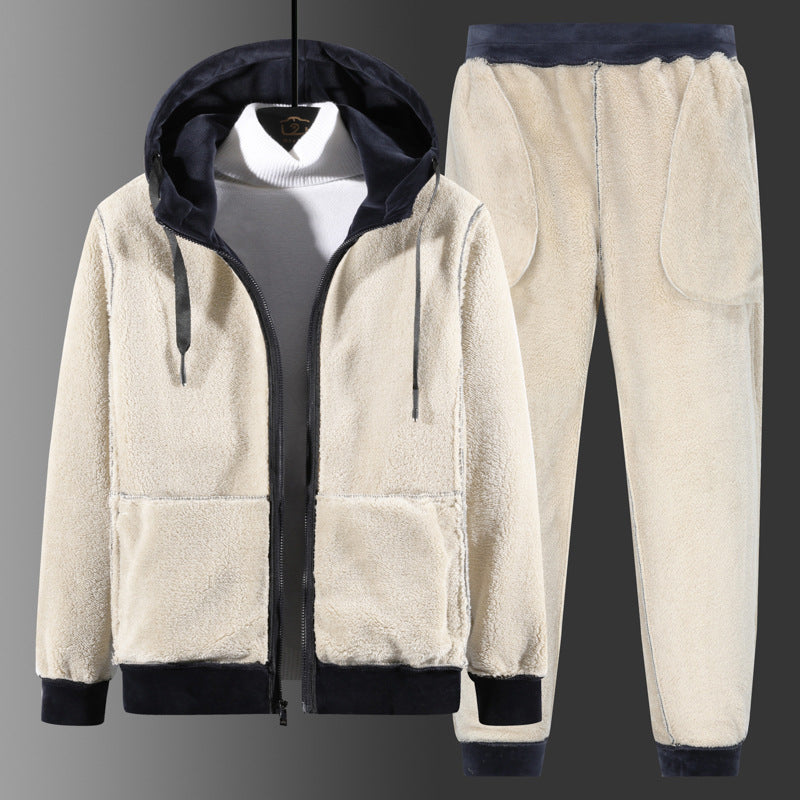 Herren Zweiteiliger Fleece-Trainingsanzug mit Kapuzenjacke, Teddyfutter und Jogginghose Nord Taschen