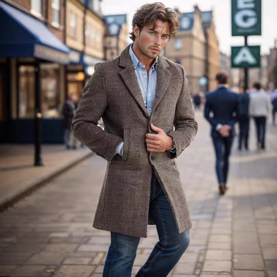 Herren Glencheck-Wollmix-Mantel mit gesteppter Thermofütterung und schmaler Silhouette Nord Taschen
