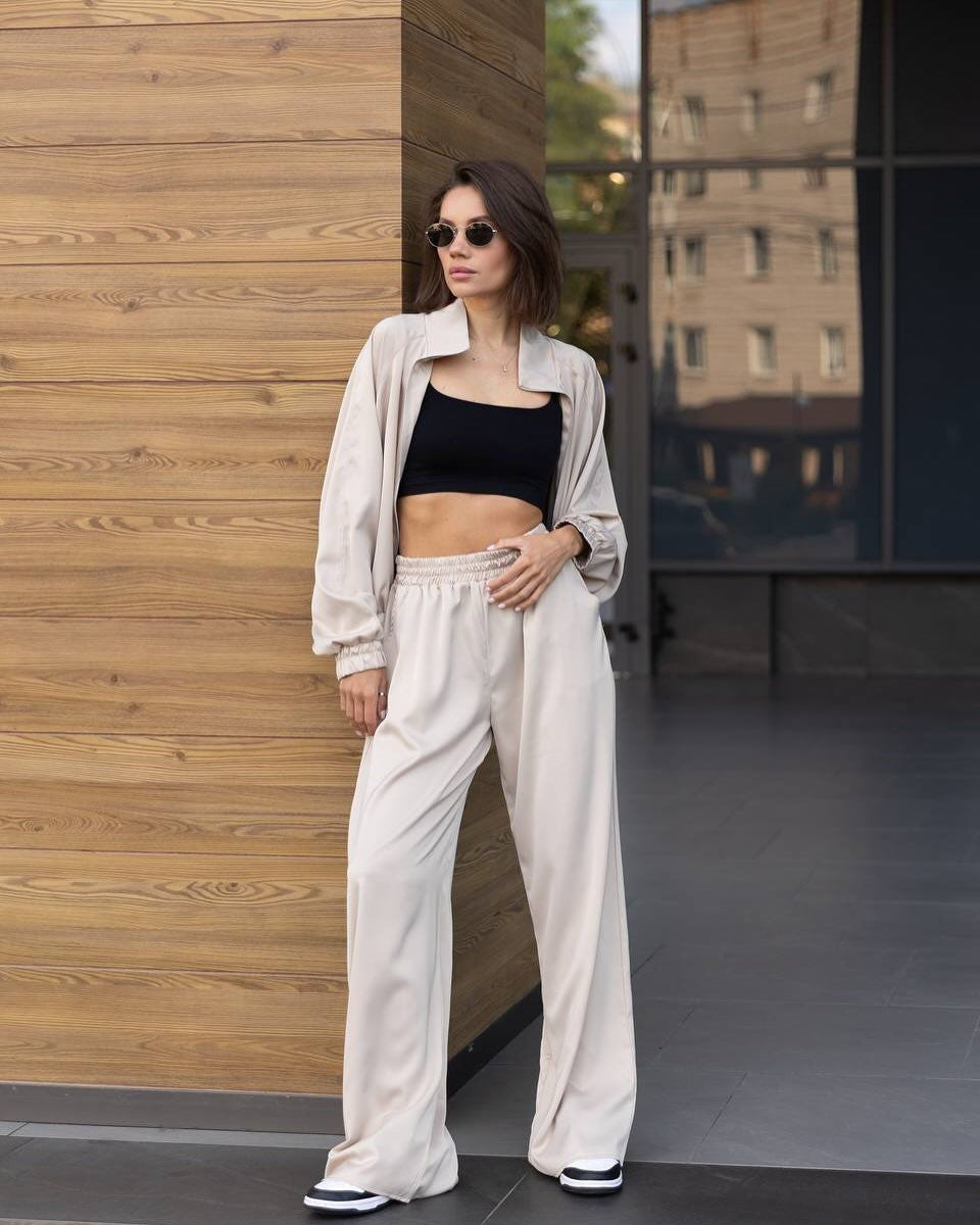 Damen lässiges Zweiteiler Set aus fließender Satinoptik mit weitem Bund und Crop-Top Nord Taschen