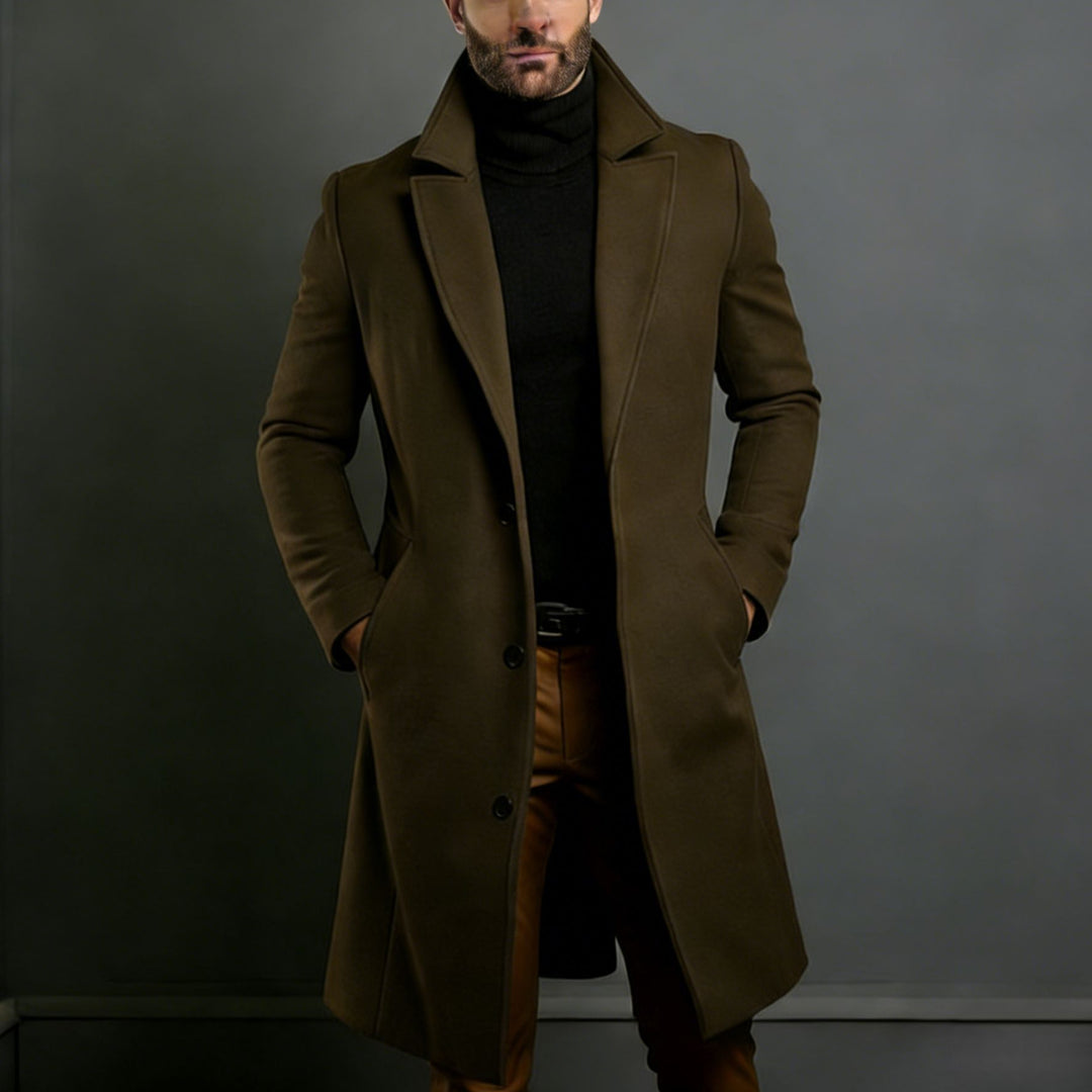 Herren Eleganter einreihiger Langmantel aus Wollmix mit schmaler Silhouette und Reverskragen Nord Taschen