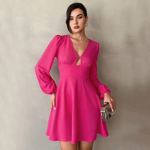 Damen kurzes A-Linien-Minikleid mit V-Ausschnitt und kleinem Ausschnittdetail, Empire-Taille und Ballonärmeln Nord Taschen