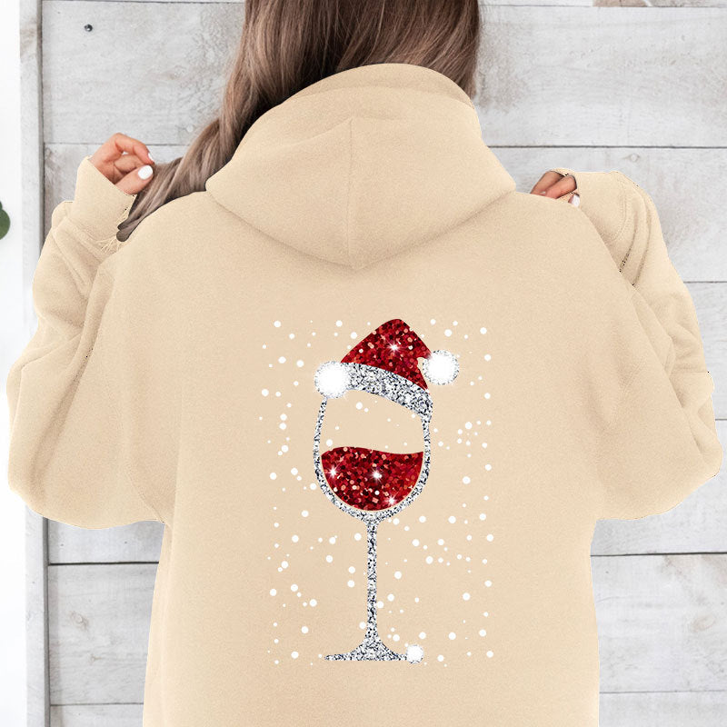 Damen Oversize Kapuzenpullover mit weihnachtlichem Glitzer-Weinglas-Print Nord Taschen