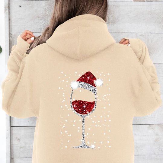 Damen Oversize Kapuzenpullover mit weihnachtlichem Glitzer-Weinglas-Print Nord Taschen